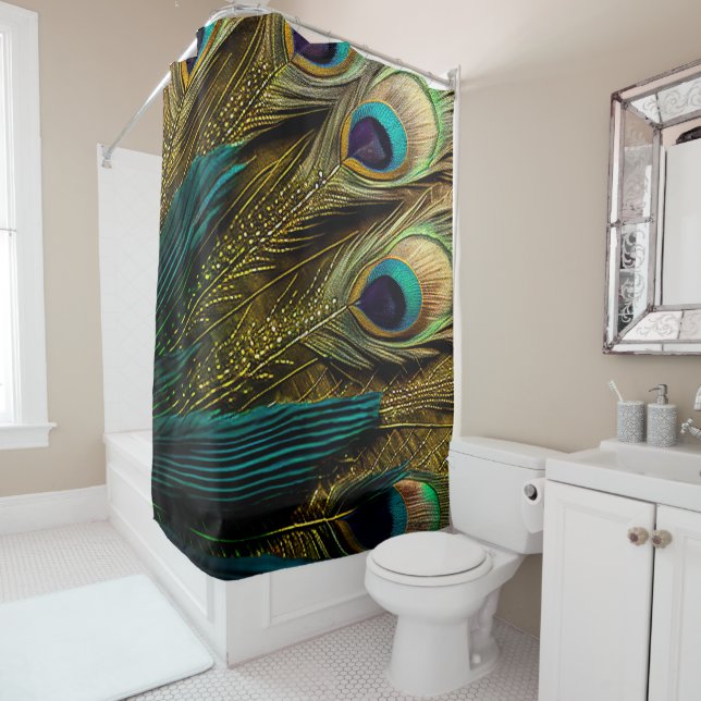 Elegant Abstract Teal Blue Gold Peacock Feathers | Shower Curtain (In Situ)