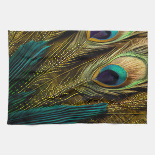 Elegant Abstract Teal Blue Gold Peacock Feathers   Tea Towel