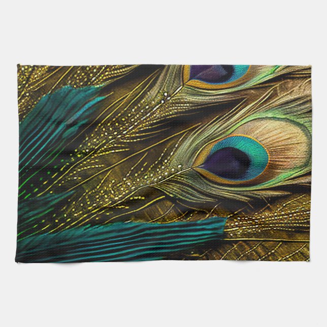 Elegant Abstract Teal Blue Gold Peacock Feathers | Tea Towel (Horizontal)
