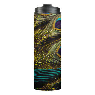 Elegant Abstract Teal Blue Gold Peacock Feathers   Thermal Tumbler