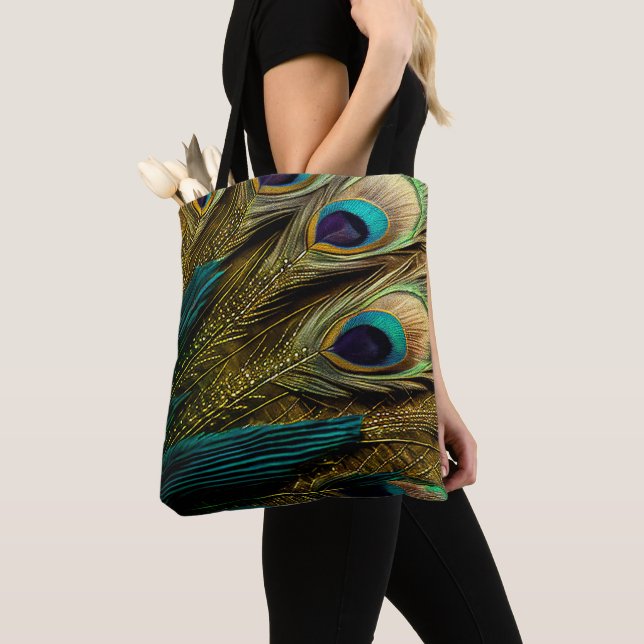 Elegant Abstract Teal Blue Gold Peacock Feathers | Tote Bag (Close Up)