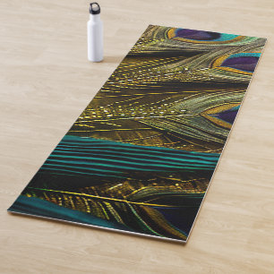 Elegant Abstract Teal Blue Gold Peacock Feathers Yoga Mat