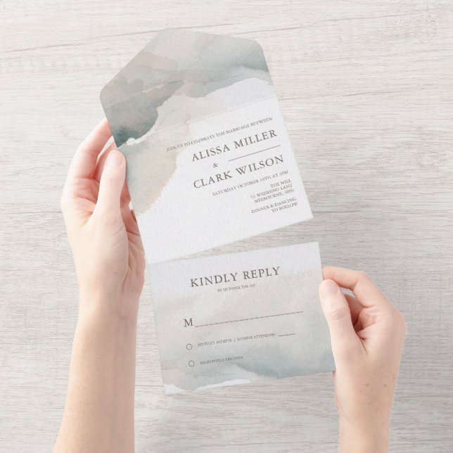 Elegant Abstract Watercolor Painterly Wedding All In One Invitation (Tearaway)