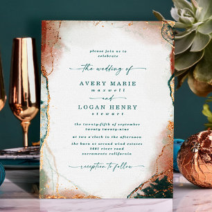 Elegant Abstract Watercolor Teal & Copper Wedding Invitation