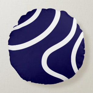 Elegant Abstract White Lines on Dark Blue Round Cushion