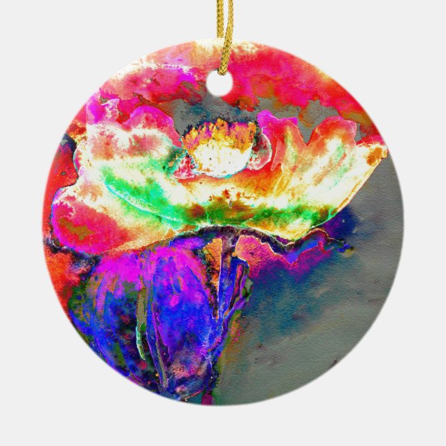 Elegant abstract yellow pink floral flower poppy ceramic ornament (Front)