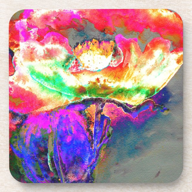Elegant abstract yellow pink floral flower poppy coaster (Front)