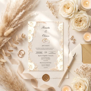 Elegant acrylic Ivory Rose Spanish Wedding  Invitations
