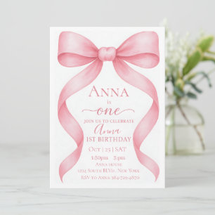 Elegant Adjustable Pink Bow First Birthday Invitat Invitation