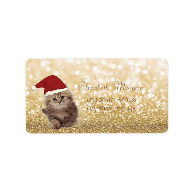 Elegant, Adorable Cat With SantaHat,Glittery Bokeh Label (Front)