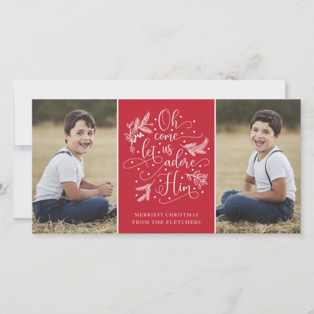 Elegant Adore Him | Christmas Two Photo Holiday Card (Front)