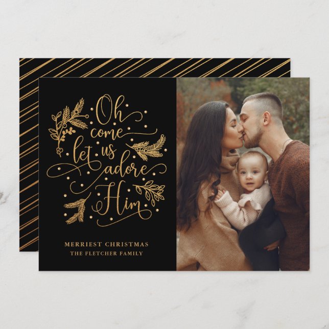 Elegant Adore Him | Photo Christmas | Gold Black Holiday Card (Front/Back)