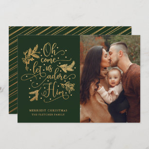 Elegant Adore Him Photo Christmas Gold Green Holiday Card