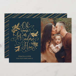 Elegant Adore Him   Photo Christmas   Gold Navy Holiday Card