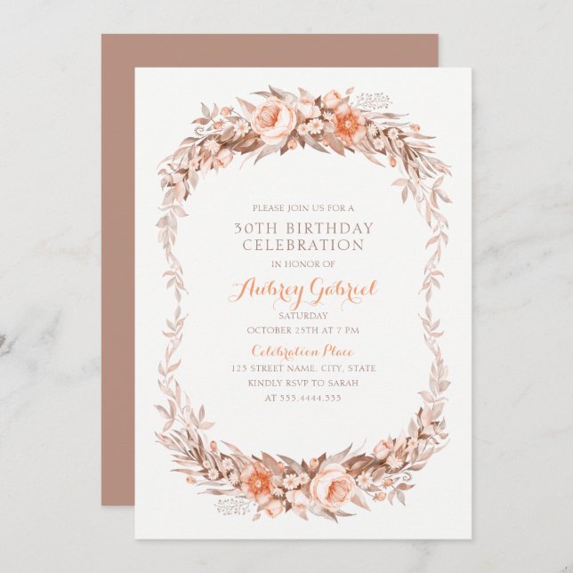Elegant Adult 30th Birthday Party Floral Fall Invitation (Front/Back)