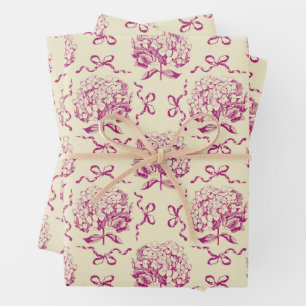 Elegant Aesthetic Hydrangea Bow Pink Toile Pattern Wrapping Paper Sheet