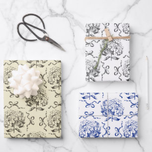 Elegant Aesthetic Hydrangea Bow Toile Pattern Wrapping Paper Sheet