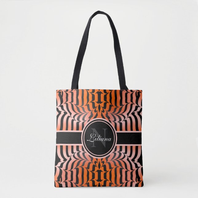 Elegant Aesthetic Orange & Black Tiger Skin Print Tote Bag (Front)