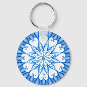 Elegant Aesthetic White & Blue Mandala Monogrammed Key Ring
