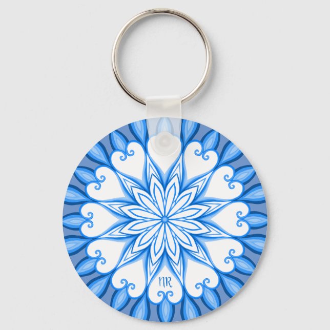 Elegant Aesthetic White & Blue Mandala Monogrammed Key Ring (Front)