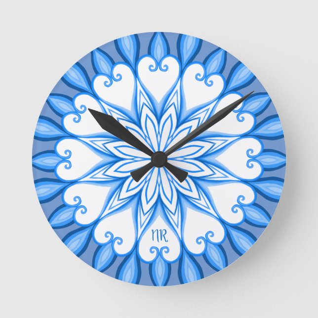 Elegant Aesthetic White & Blue Mandala Monogrammed Round Clock (Front)