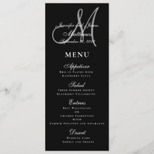 Elegant Affair Black White Script Monogram Wedding Menu
