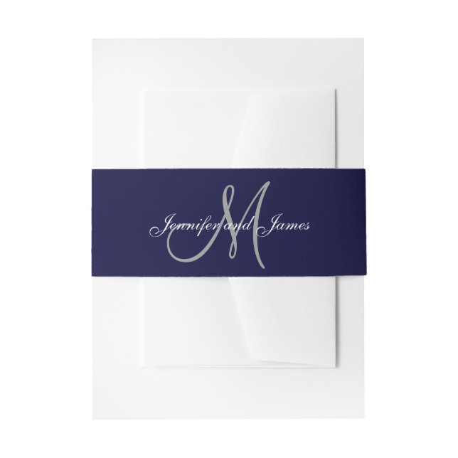 Elegant Affair Navy Blue Monogram Script Wedding Invitation Belly Band (Front Example)
