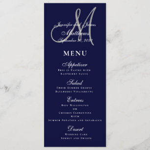 Elegant Affair Navy Blue Script Monogram Wedding Menu