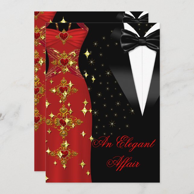 Elegant Affair Red Dress Black Tie Gold Birthday Invitation (Front/Back)