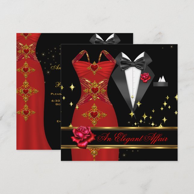 Elegant Affair Red Dress Black Tie Gold Red Rose 4 Invitation (Front/Back)