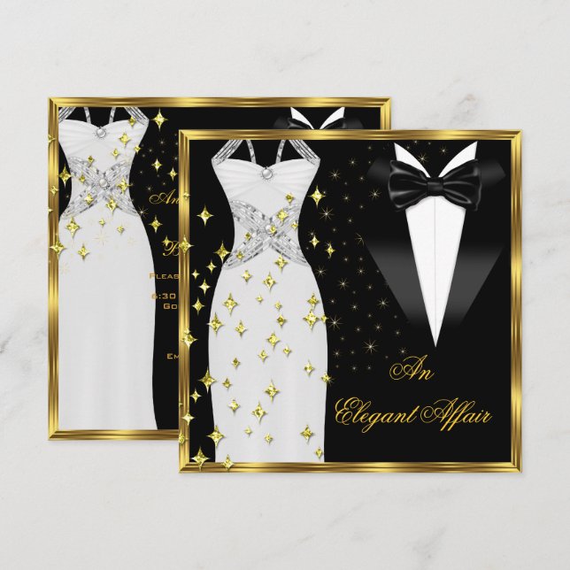 Elegant Affair White Dress Black Tie Gold Birthday Invitation (Front/Back)