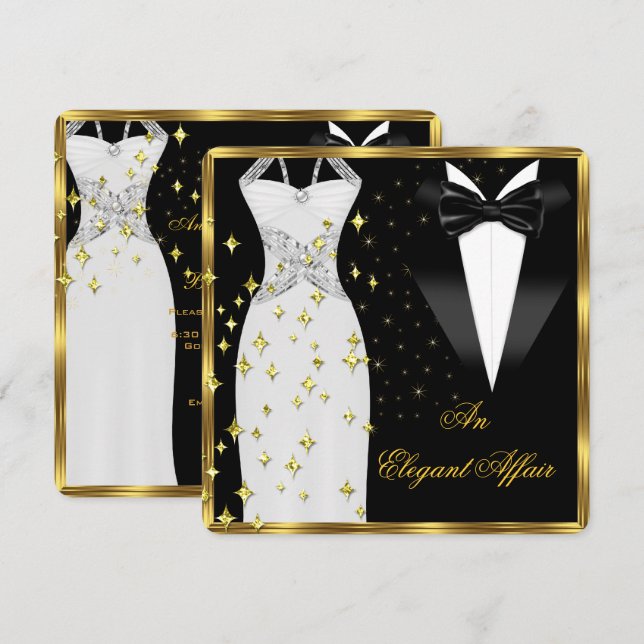 Elegant Affair White Dress Black Tie Gold Birthday Invitation (Front/Back)