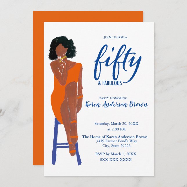 Elegant African American 50 and Fab Orange Invitation (Front/Back)