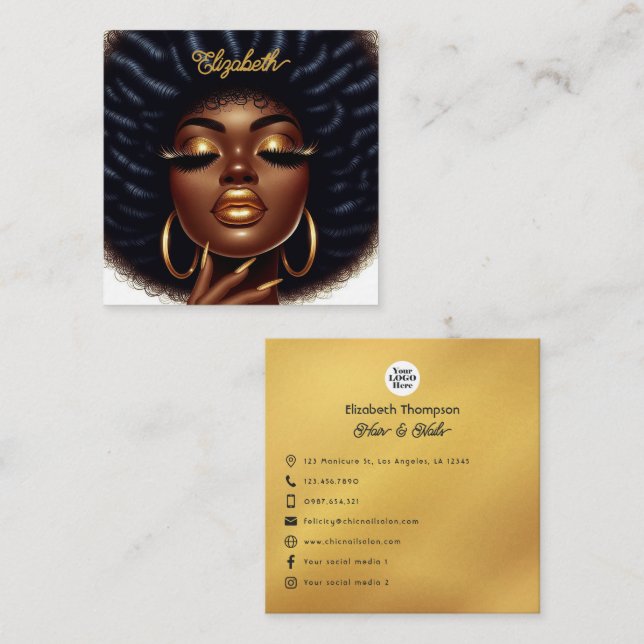 Elegant Afro Chic Hair & Nails Salon Branding Square Business Card (Front/Back)