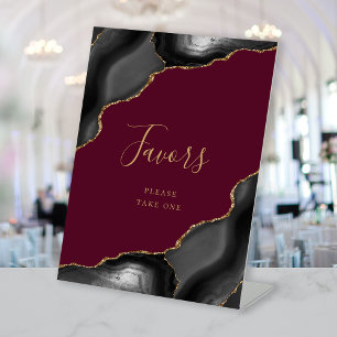 Elegant Agate Black Gold Burgundy Wedding Favours Pedestal Sign