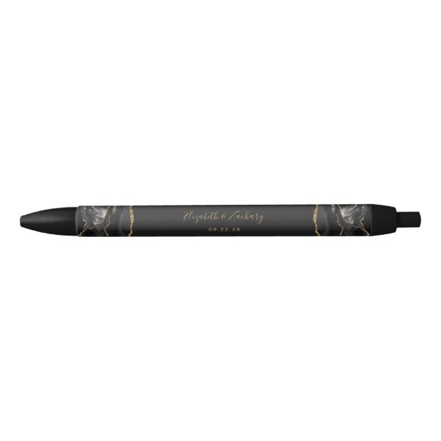 Elegant Agate Black Gold Dark Wedding Keepsake Ink Pen (Front)