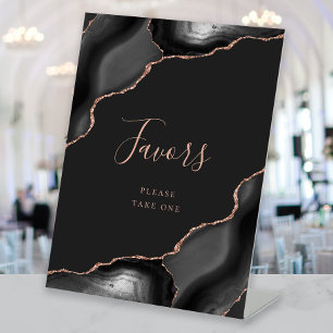 Elegant Agate Black Rose Gold Dark Wedding Favours Pedestal Sign