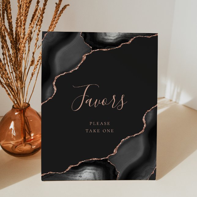 Elegant Agate Black Rose Gold Dark Wedding Favours Pedestal Sign (Creator Uploaded)