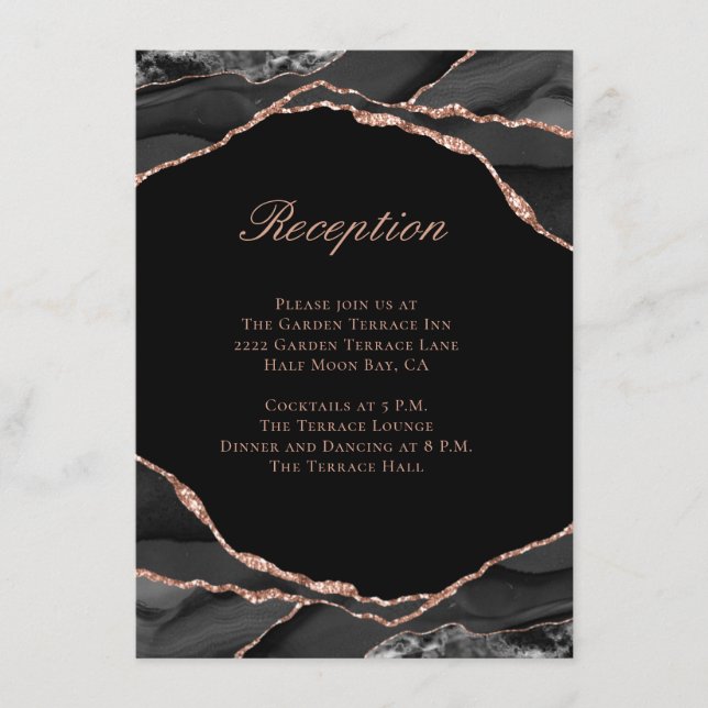 Elegant Agate Black Rose Gold Wedding Reception Enclosure Card (Front)