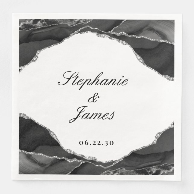 Elegant Agate Black Silver Foil Wedding Napkin (Front)