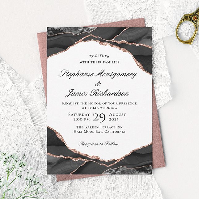 Elegant Agate Black White Rose Gold Foil Wedding Invitation (Creator Uploaded)