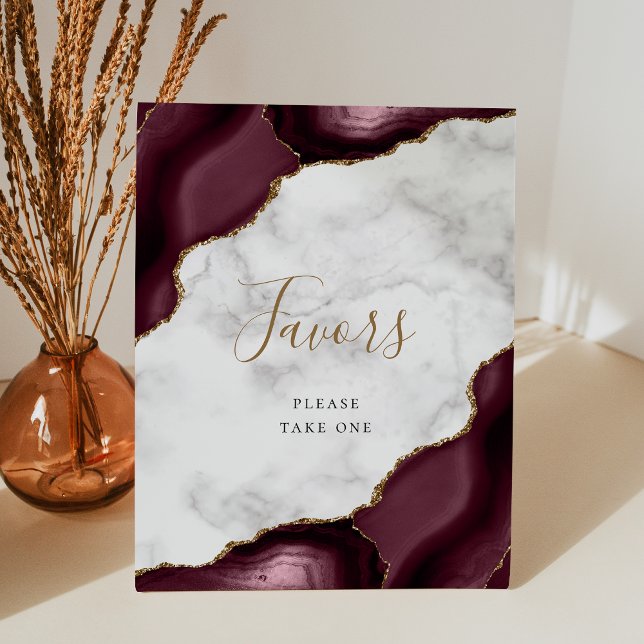 Elegant Agate Burgundy Gold Marble Wedding Favours Pedestal Sign (Creator Uploaded)