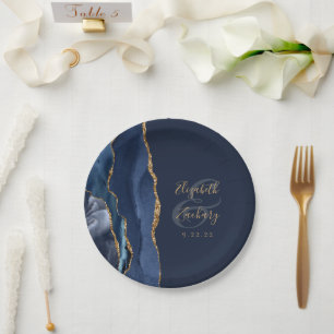 Elegant Agate Geode Script Navy Blue Gold Paper Plate