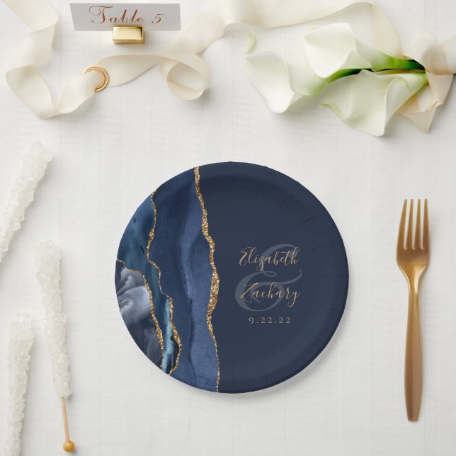 Elegant Agate Geode Script Navy Blue Gold Paper Plate (Wedding)