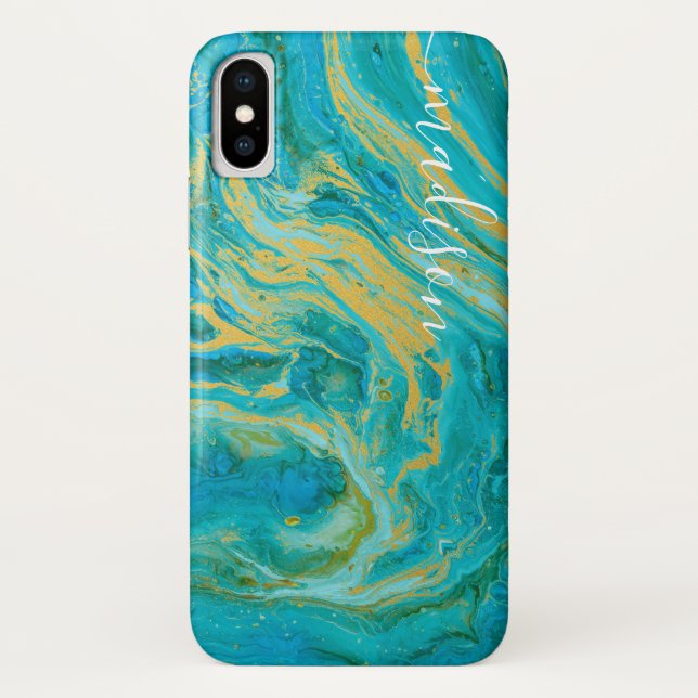 Elegant Agate Green Blue & Gold Marble Your Name Case-Mate iPhone Case (Back)