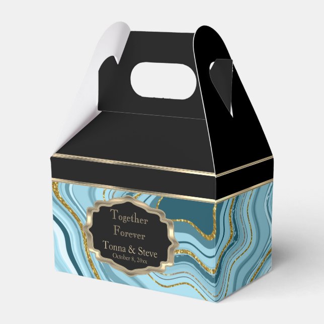 Elegant Agate Marble with Black, Gold and Teal Favour Box (Front Side)
