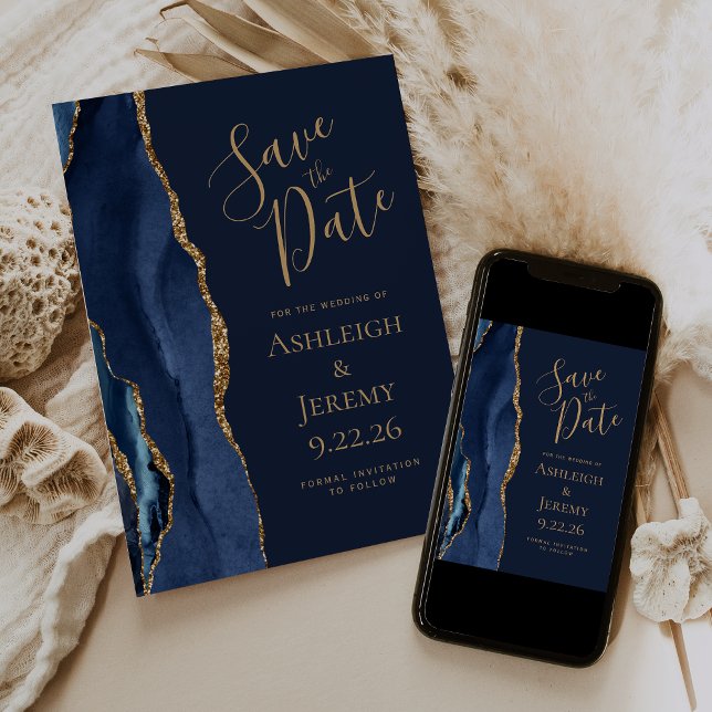 Elegant Agate Navy Blue Gold Save the Date Invitation (Creator Uploaded)