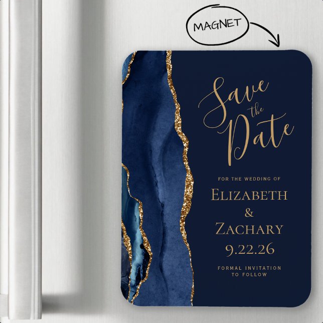 Elegant Agate Navy Blue Gold Save the Date Magnet (Creator Uploaded)
