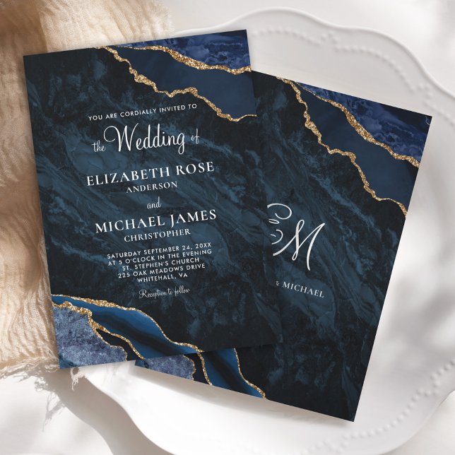 Elegant Agate Navy Blue Monogram Wedding Invitation (Creator Uploaded)