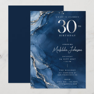 Elegant Agate Navy Blue Silver 30th Birthday Invitation